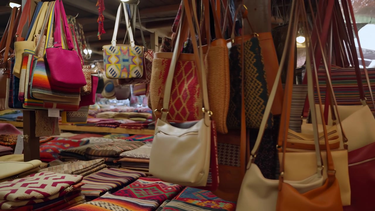 Borse a fantasia e tessuti intrecciati appesi in file accanto a tessuti impilati in un ambiente di mercato all'aperto, mostrando colori e texture vari, e superfici artigianali dettagliate in luce ambientale naturale.