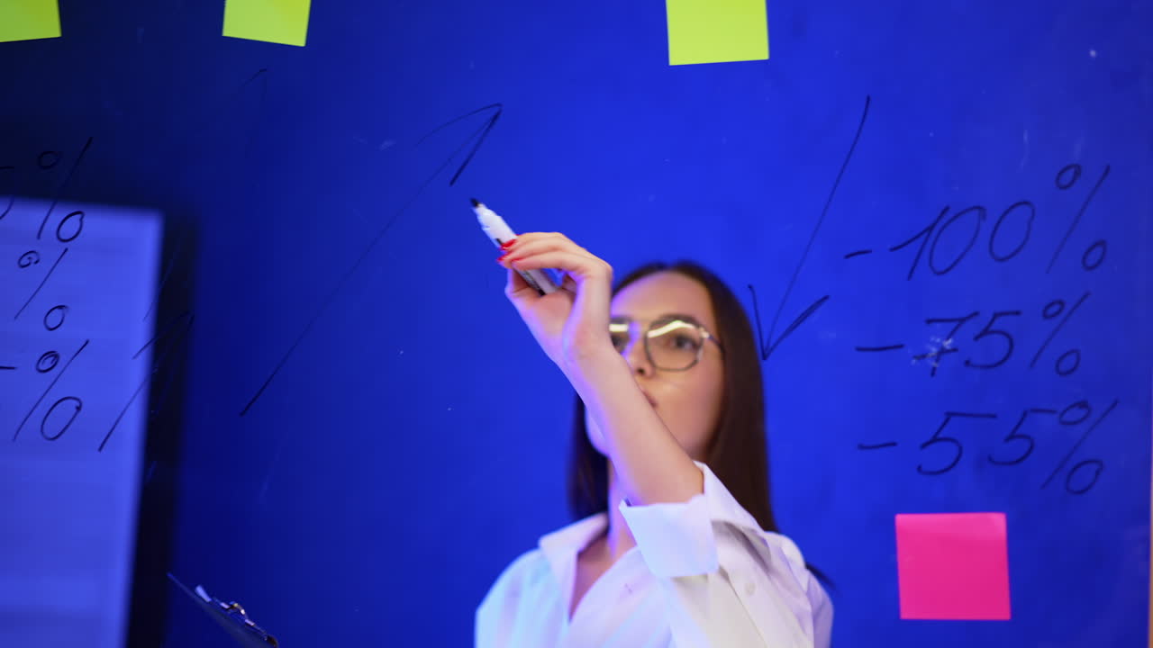 Brunette lady wearing glasses and white shirt writes percent numbers on the glass wall. Management, business planning and analysis.