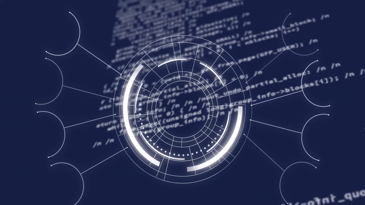 파란색 배경에 대한 회전 스캐너와 데이터 처리의 애니메이션