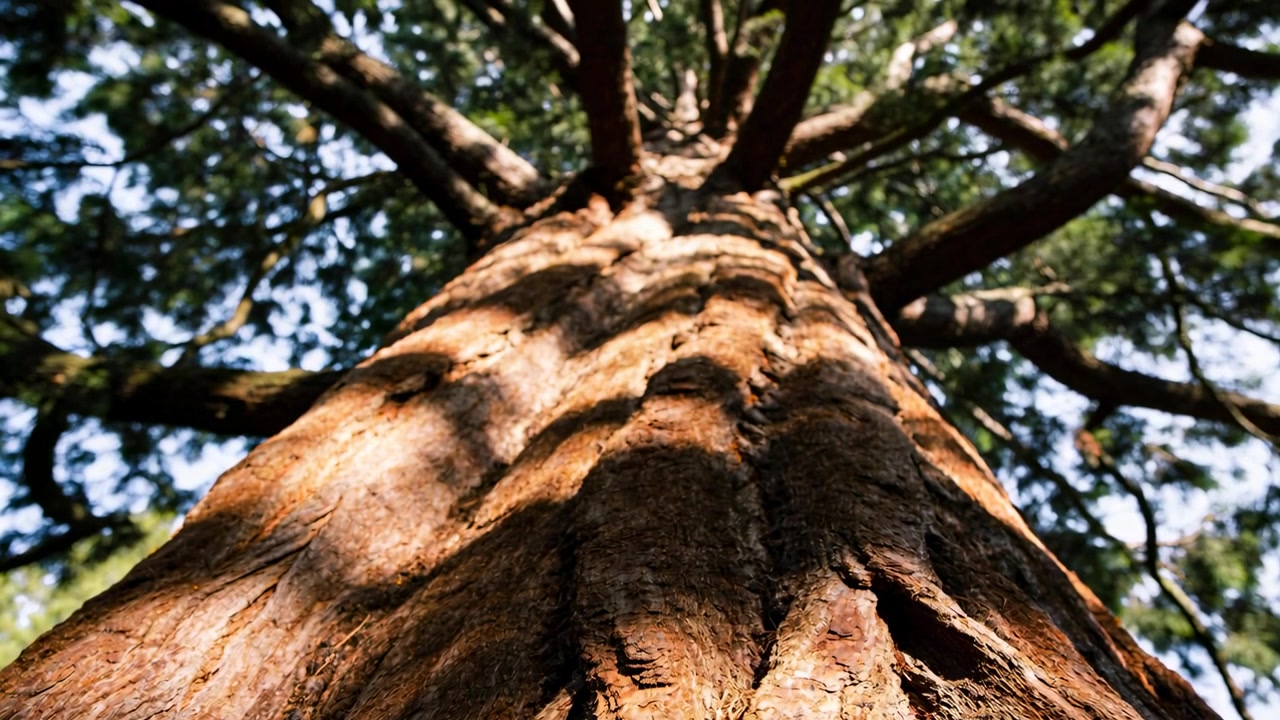 Operatore che avvia l'inclinazione della telecamera per rivelare un grande tronco d'albero in un bosco, mostrando rami e luce.