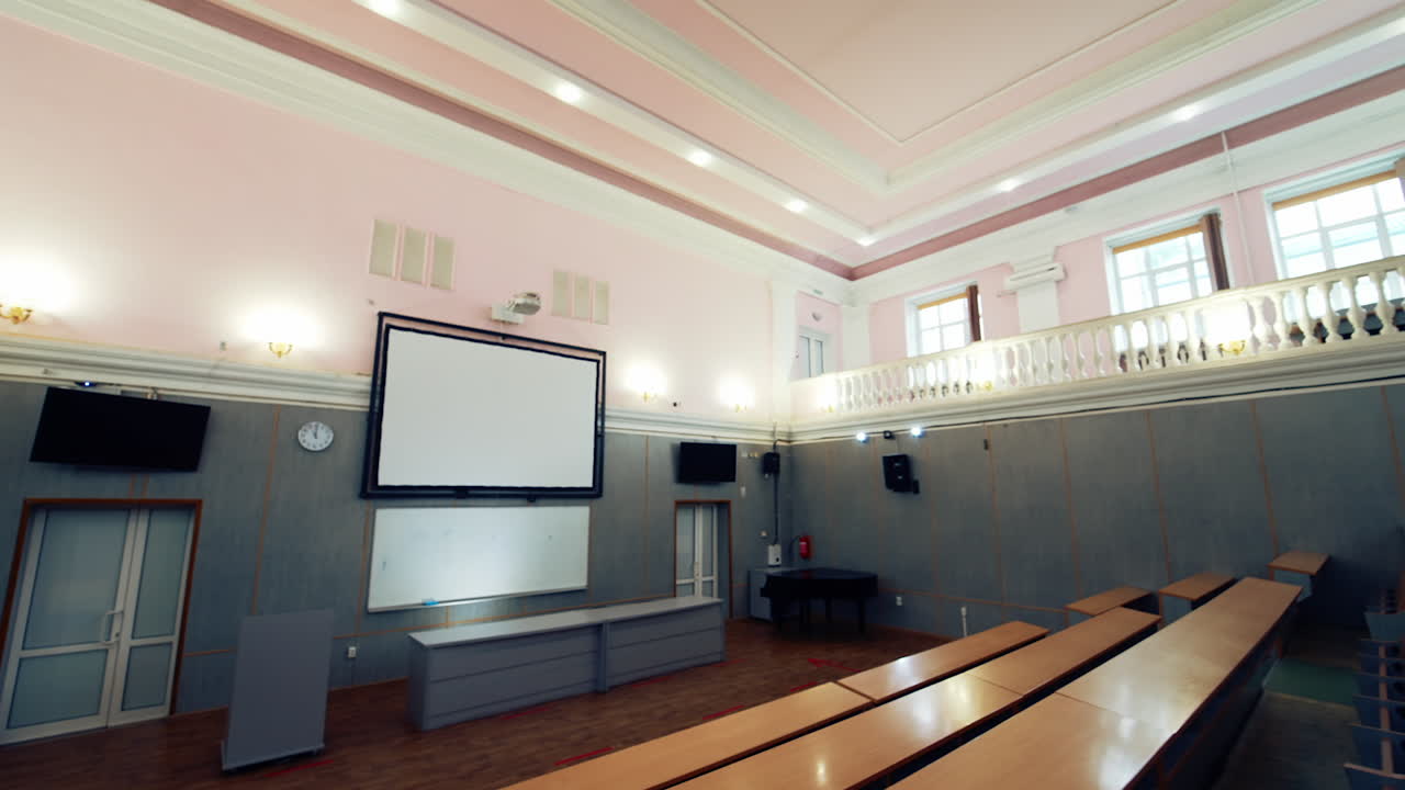 University classroom interior empty. Empty large lecture room of university classroom