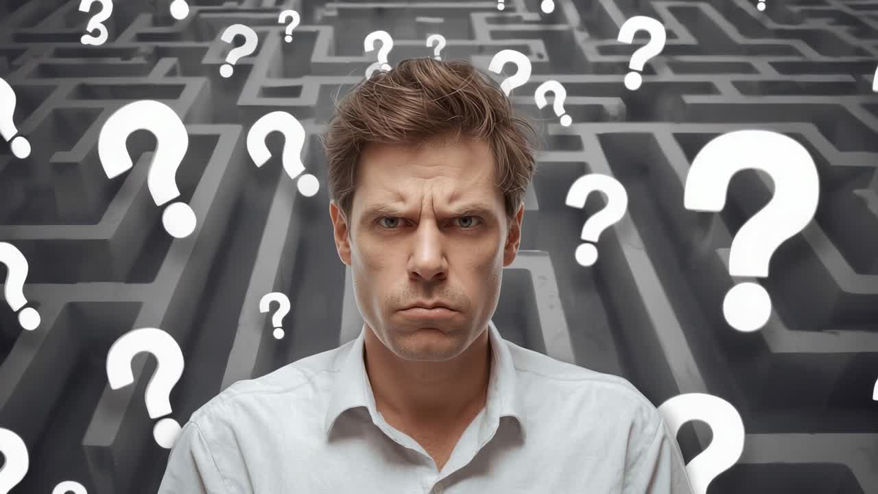 Standing light skinned adult male staring in studio maze, question marks floating showing confusion
