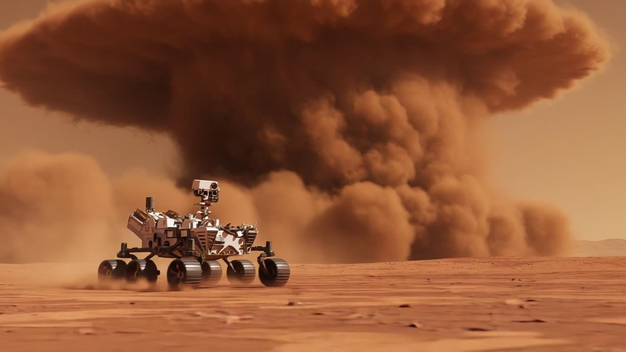 En Mars-rover navigerer gjennom en dramatisk støvstorm, som fanger essensen av fjern planetarisk utforskning og farene robotteknologi står overfor på Den røde planet.