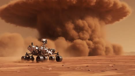 a mars rover navigates through a dramatic dust storm, capturing the essence of remote planetary exploration and the hazards faced by robotic technology on the red planet