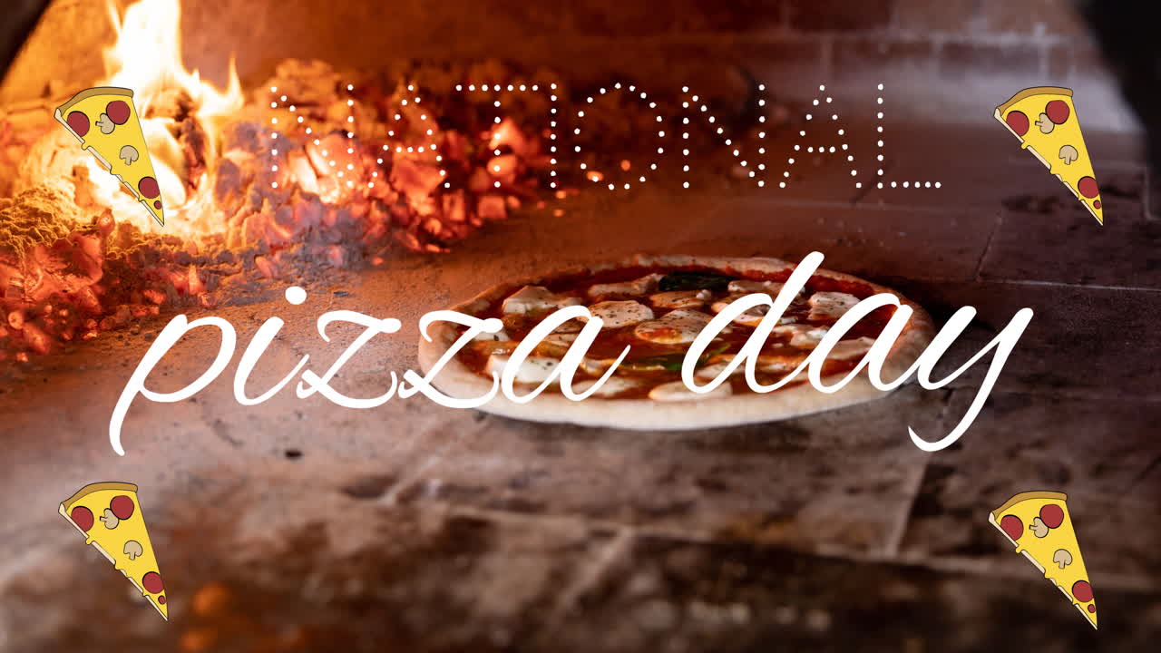animación de iconos de pizza y texto del día nacional de la pizza sobre pizza fresca