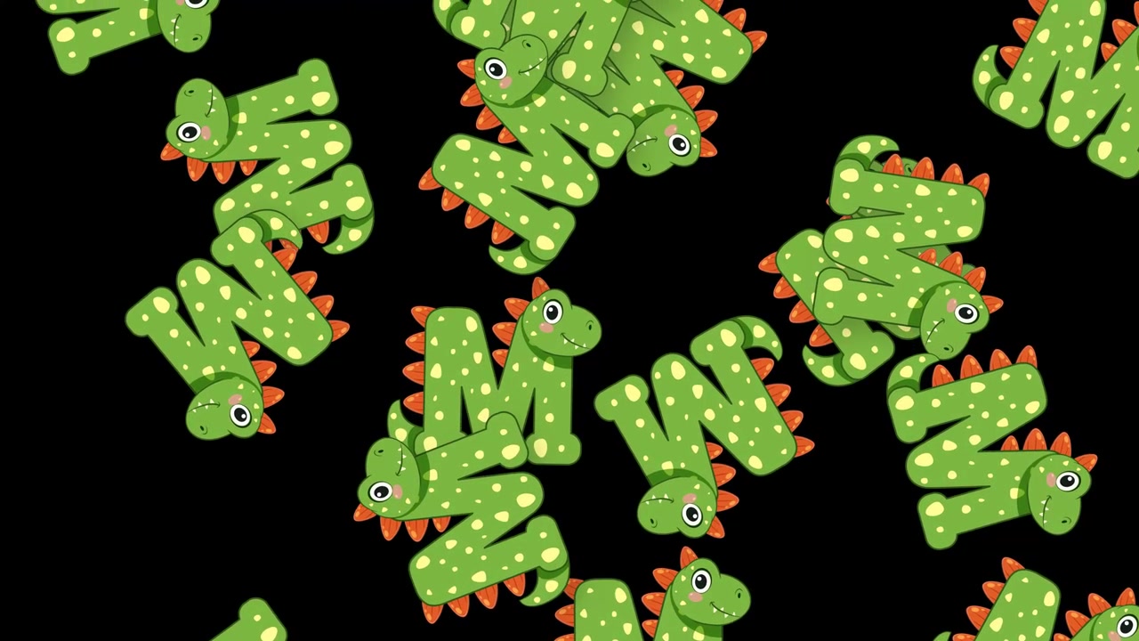 Lettere di dinosauro verde a cartone animato cadono e si rovesciano su uno sfondo nero uniforme in loop