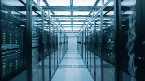 a panoramic view inside a modern data center featuring rows of high-tech server racks illuminated by bright led lights in a sleek, cool environment