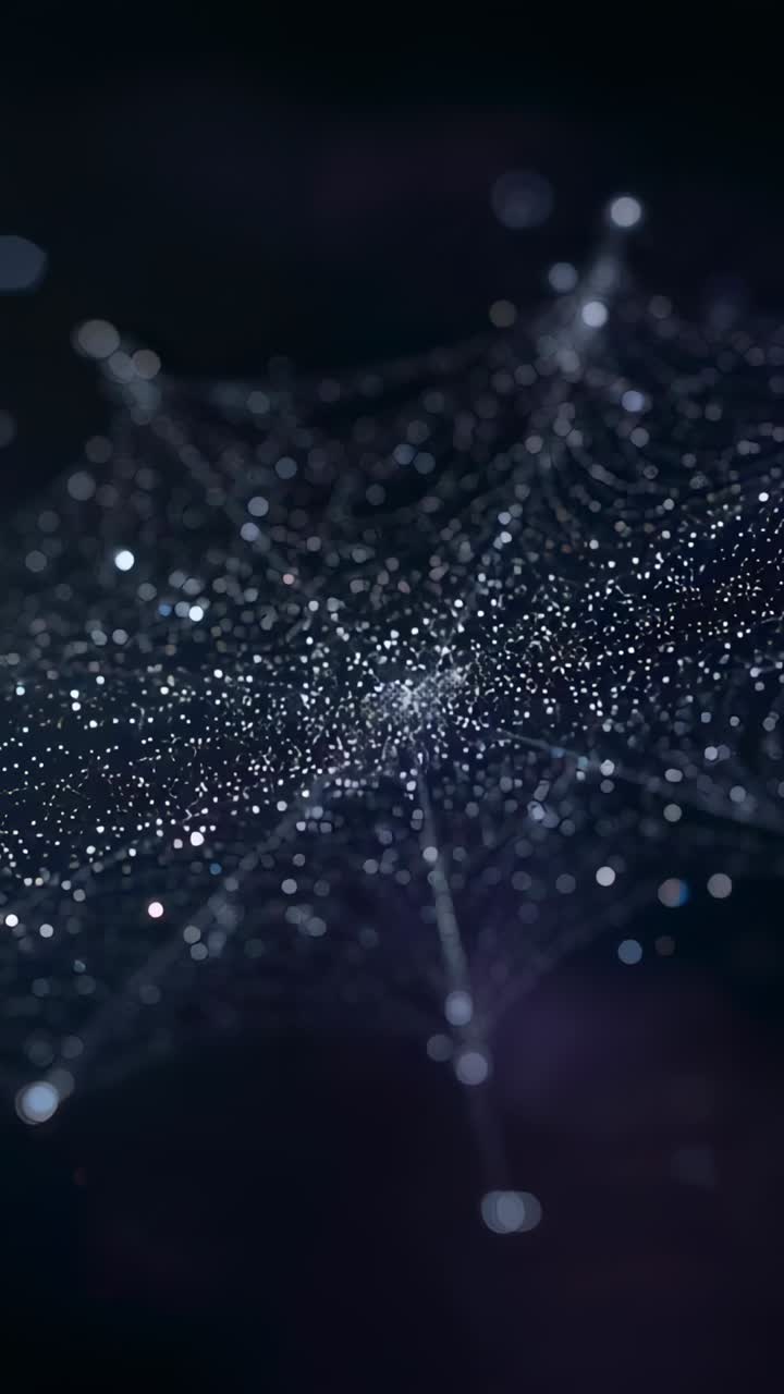 Vertical video: Starting luminous particle mesh pulsing and shifting in dark space, simulating net