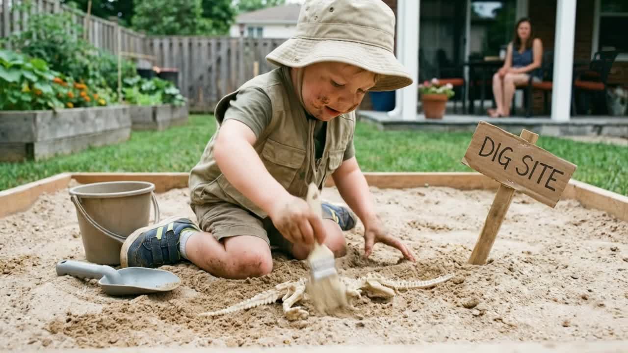 Kum havuzunda dinozor iskeletini ortaya çıkaran genç bir çocuk arkeolog gibi oynuyor