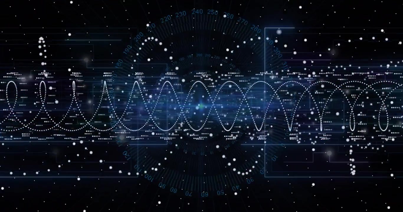 Abstract Digital Data Visualization with Glowing Waveforms and HUD Elements