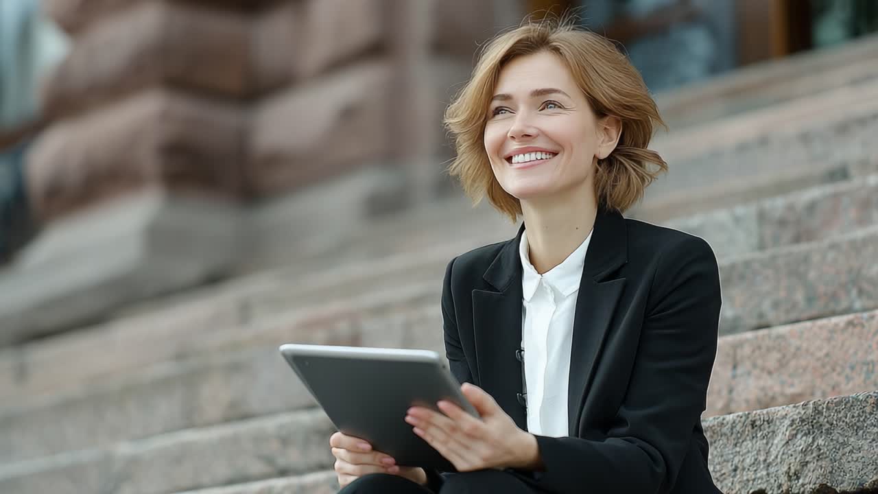 A Professional Woman Smiling While Using a Tablet on the Steps of a Building, Radiating Confidence and Joy in a Modern Urban Environment