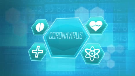 animation of a word coronavirus with medical icons on blue background.