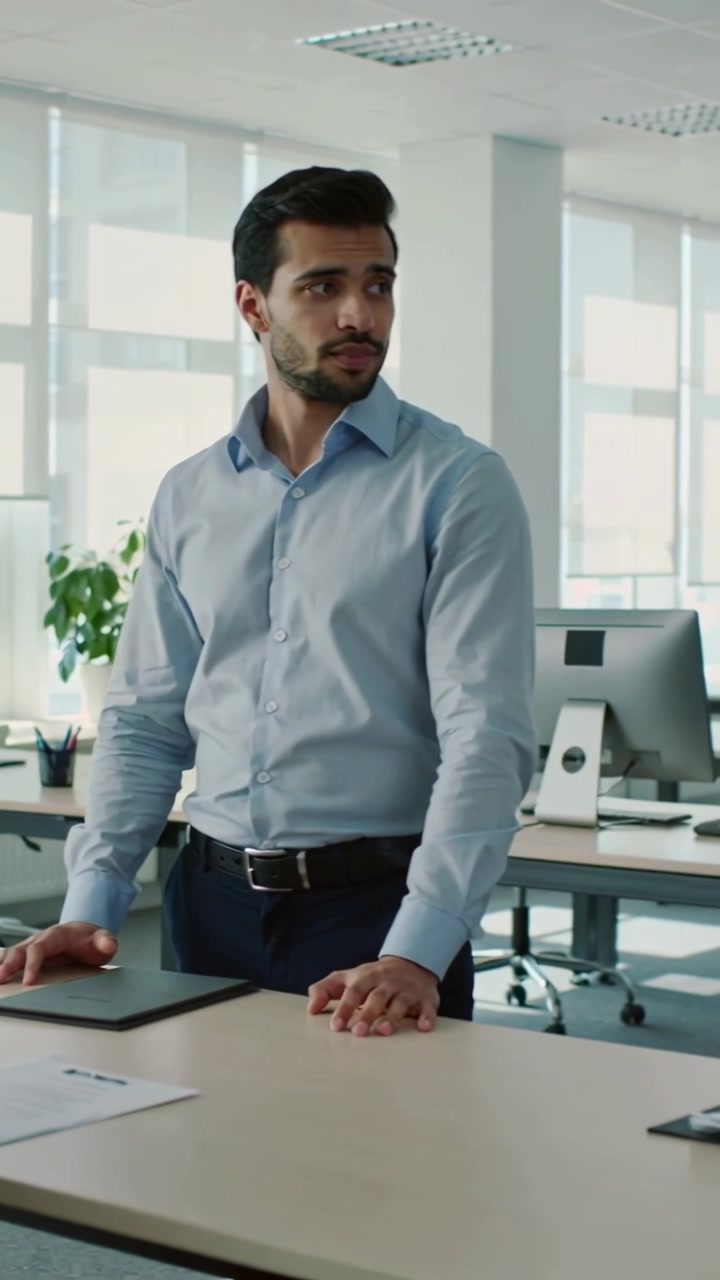 Video verticale: Un uomo con la camicia blu ascolta al tavolo di una riunione mentre un collega indica un documento, un laptop