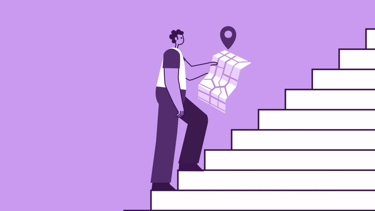 hombre de estilo púrpura personaje plano sube escaleras con mapa de ruta gps animación de bucle aislado con canal alfa