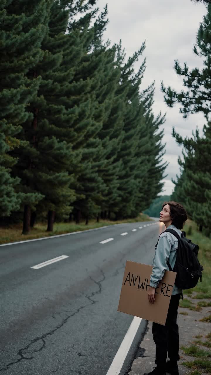 A traveler with a backpack holds a sign reading 'Anywhere' on a tree-lined road