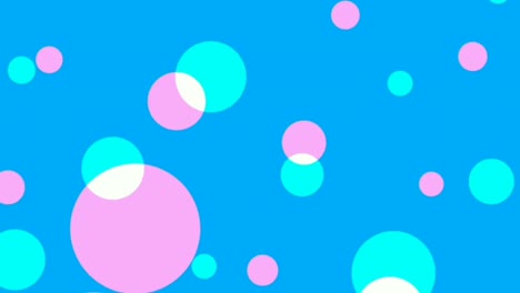 motion graphics of blue, pink and white bubbles of various sizes, popping,fading and revolving, on blue background