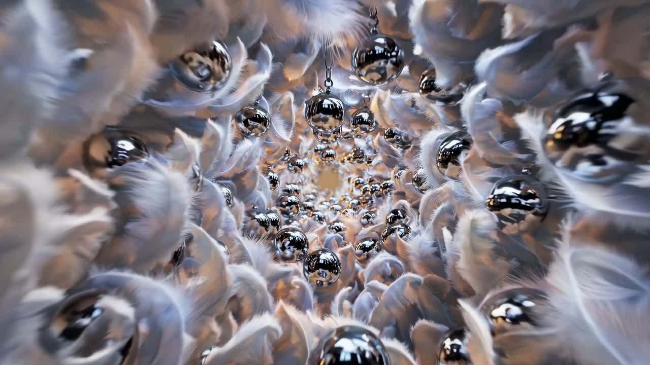 Immagine astratta di sfere metalliche e piume