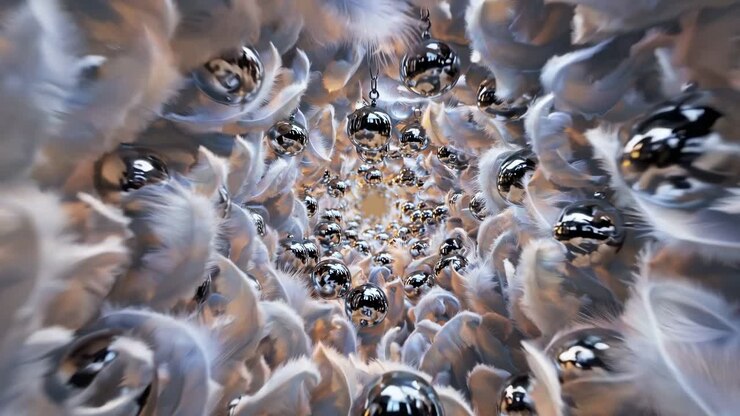 Abstract image of metallic spheres and feathers