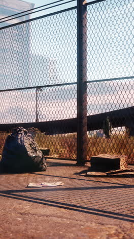 a chain link fence surrounds a dirt area with a trash bag and other debris