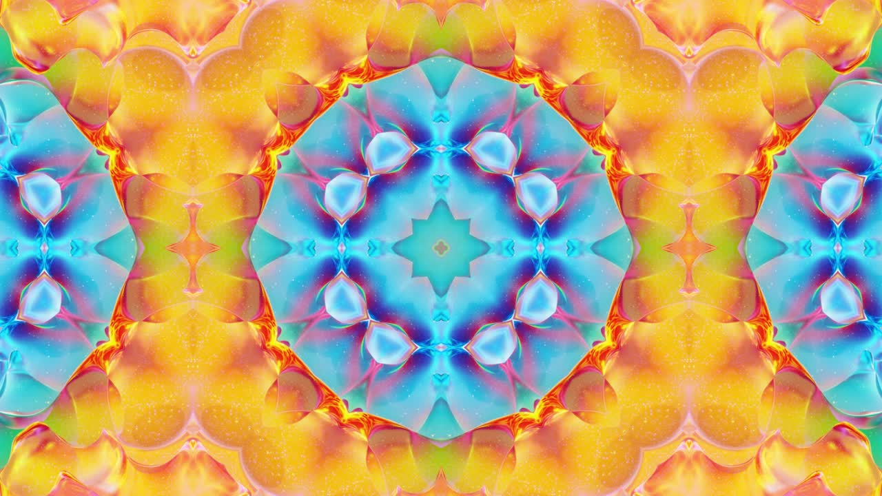patrón ondulado líquido como el caleidoscopio con olas o mandala, gradiente multicolor. 3d elegante abstracto en bucle bg, estructura simétrica ondulada de líquido brillante. animación fluida colorida de moda 4k.