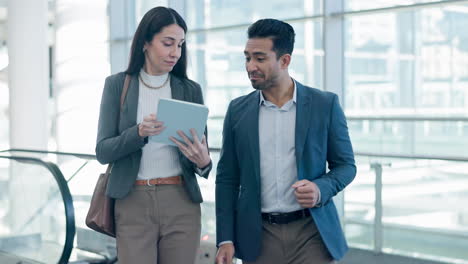 Walking,-tablet-or-teamwork-with-business-people