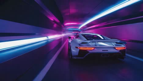 futuristic sports car driving through a neon lit tunnel