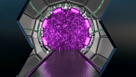 vista panorámica de la escena del paisaje de la estación. fondo abstracto 3d de corredor de ciencia ficción con portal. tecnología futurista abstracto vj sin costuras para títulos tecnológicos y fondo.