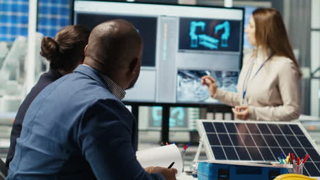investors in photovoltaics plant reviewing solar technology reports