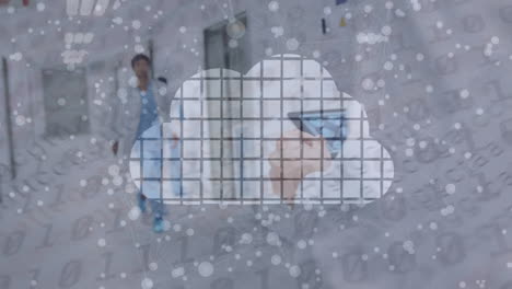 animación de la formación de una nube digital sobre un médico masculino que usa una tableta