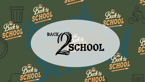 animation of back 2 school text over school items icons on green background