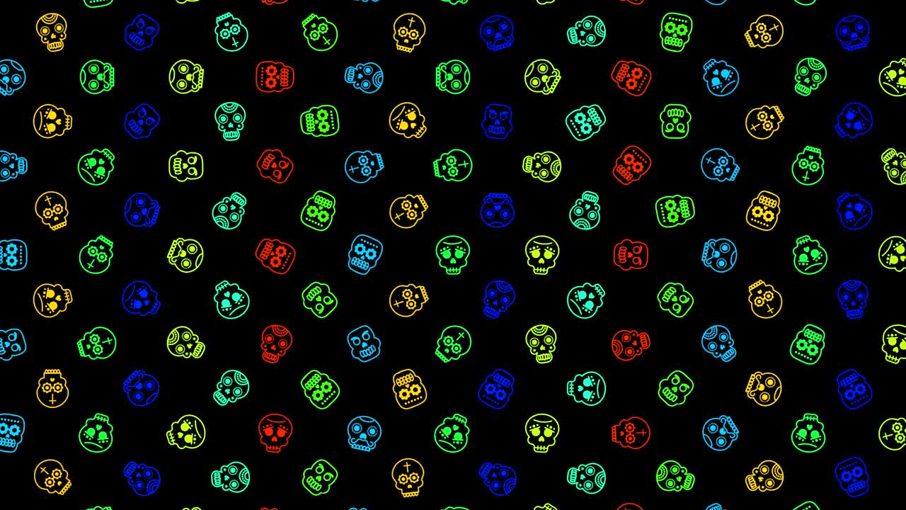 인체 두개골 아이콘, 애니메이션 루프, 시엄리스 패턴 배경, 검은색 배경에 천천히 회전하는 작은 다채로운 인체 두뇌 아이콘, 할로윈, 멕시코의 죽음의 날