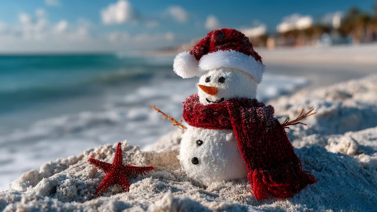 A Playful Snowman Enjoys a Sunny Day at the Beach, Sporting a Festive Hat and Scarf While Surrounded by Sand and Waves, Blending Holiday Cheer with Summer Vibes