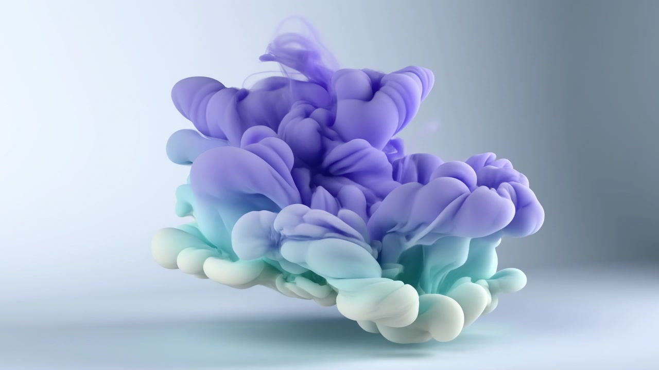 Suspended abstract cloud shape rises and unfolds from rounded aqua mint base into denser lavender and periwinkle plumes, with soft vertical movement, velvety texture, diffuse light, calm mood