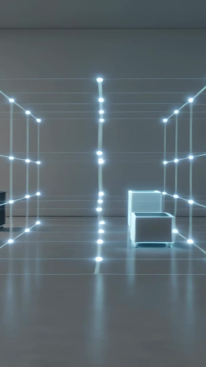 Video verticale: Telecamera in movimento che rivela un tunnel a griglia LED in una galleria, panchine, colonna centrale, cono.