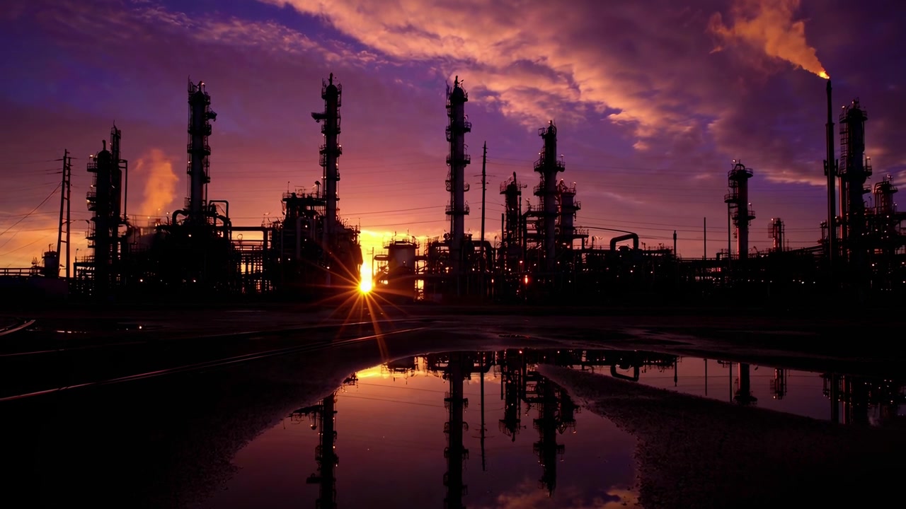 Industrial Oil Refinery Silhouetted Against a Dramatic Sunset Sky