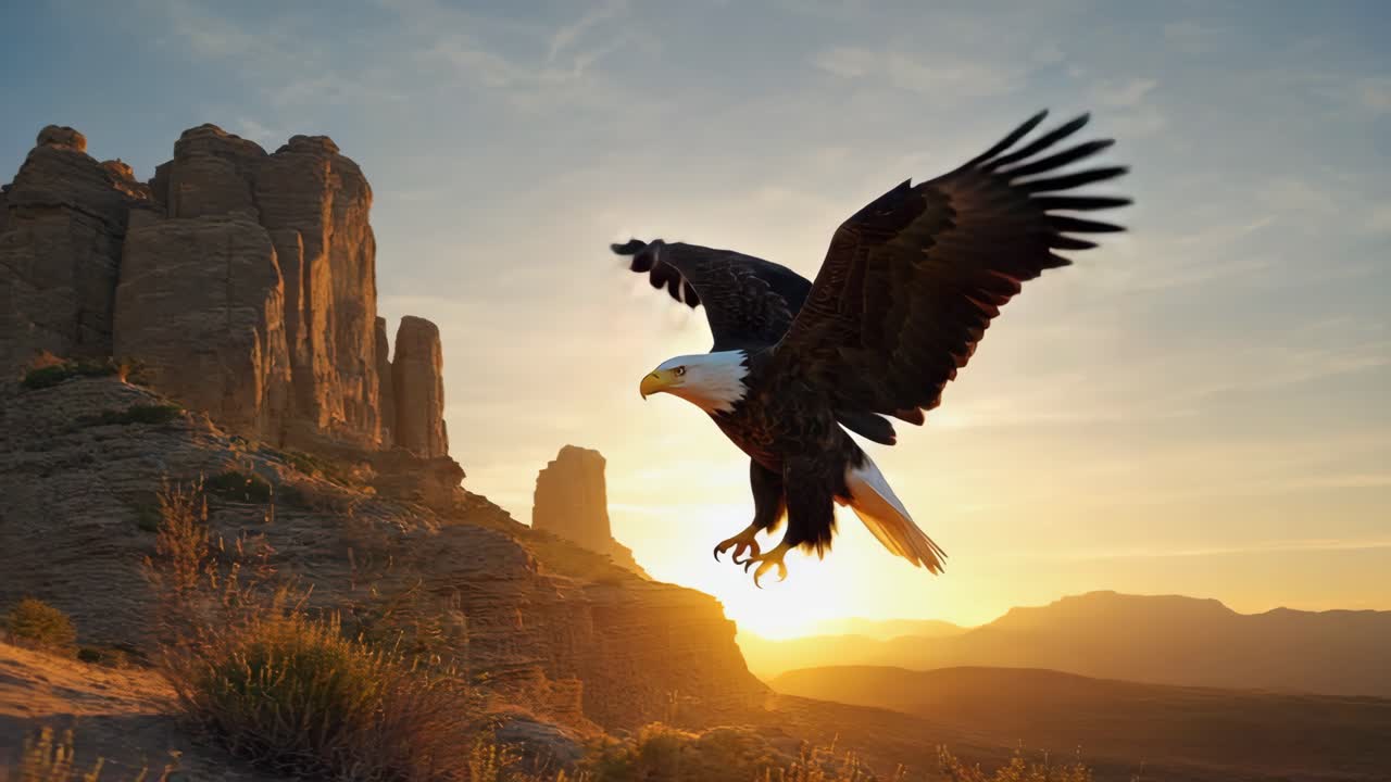 Bald Eagle Soaring Over Desert Landscape at Sunrise