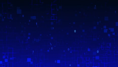 cubic blue grid geometric square of digital data binary code nodes stream and flashing information