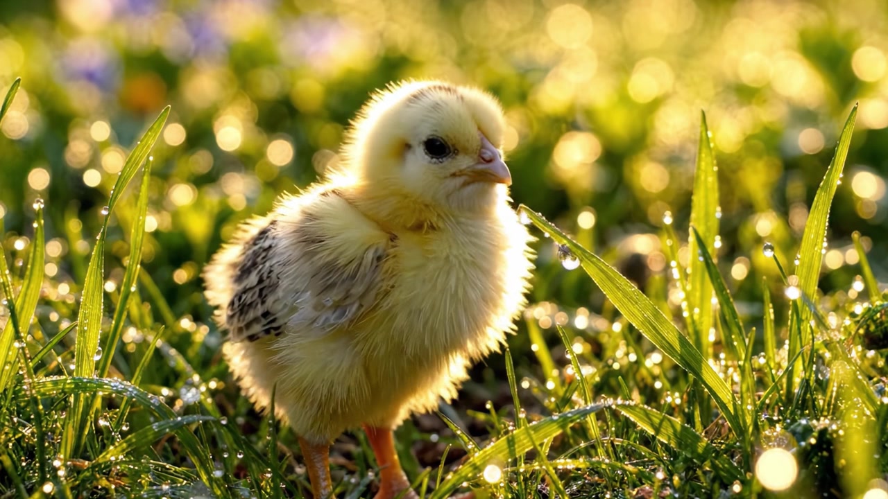 Um Pintinho Amarelo Encantador Adorna um Prado Orvalhado, Irradiando Inocência e Novos Começos com Suas Penas Fofas e Olhos Brilhantes Enquanto a Luz do Sol da Manhã Dança ao Redor Dele