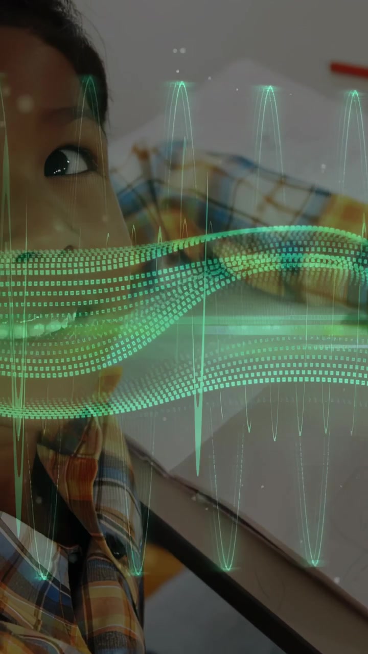 Vertical video: Girl in seat, turning head and smiling as green health waveform pulsing over mouth
