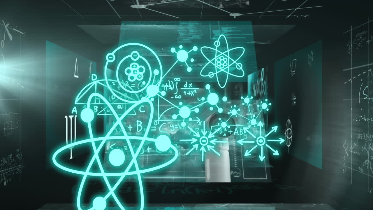 Animation of molecules and scientific data processing over black background