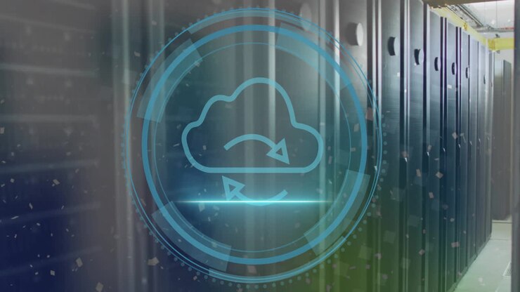 Animation of data processing and scope with cloud over computer servers