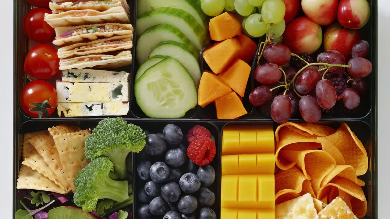Black bento boxes featuring colorful healthy snacks including crackers, cheese, vegetables, fruits, and chips arranged symmetrically on white background