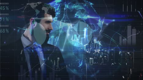 animación de un hombre de negocios caucásico sobre el procesamiento de datos