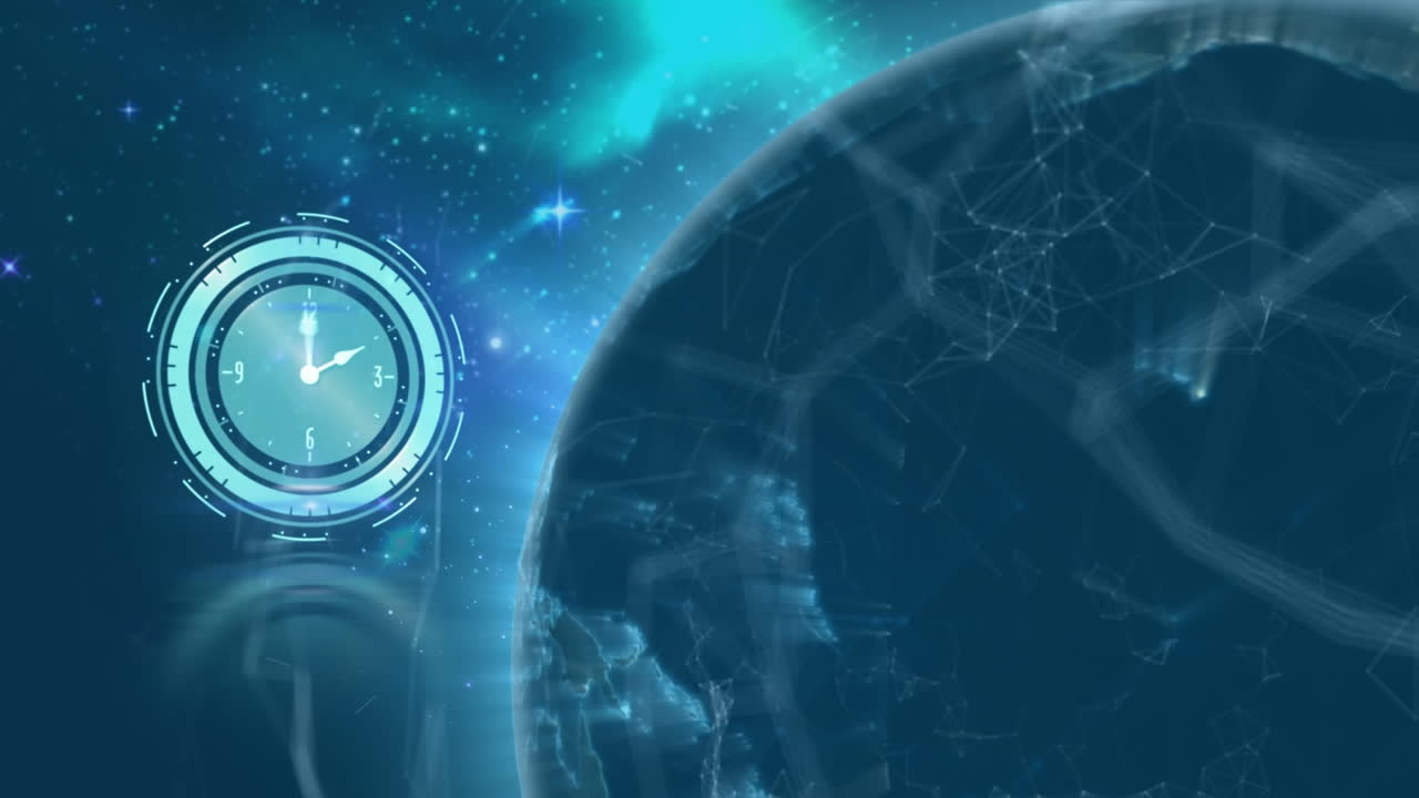 animación del reloj con redes de conexiones en todo el mundo