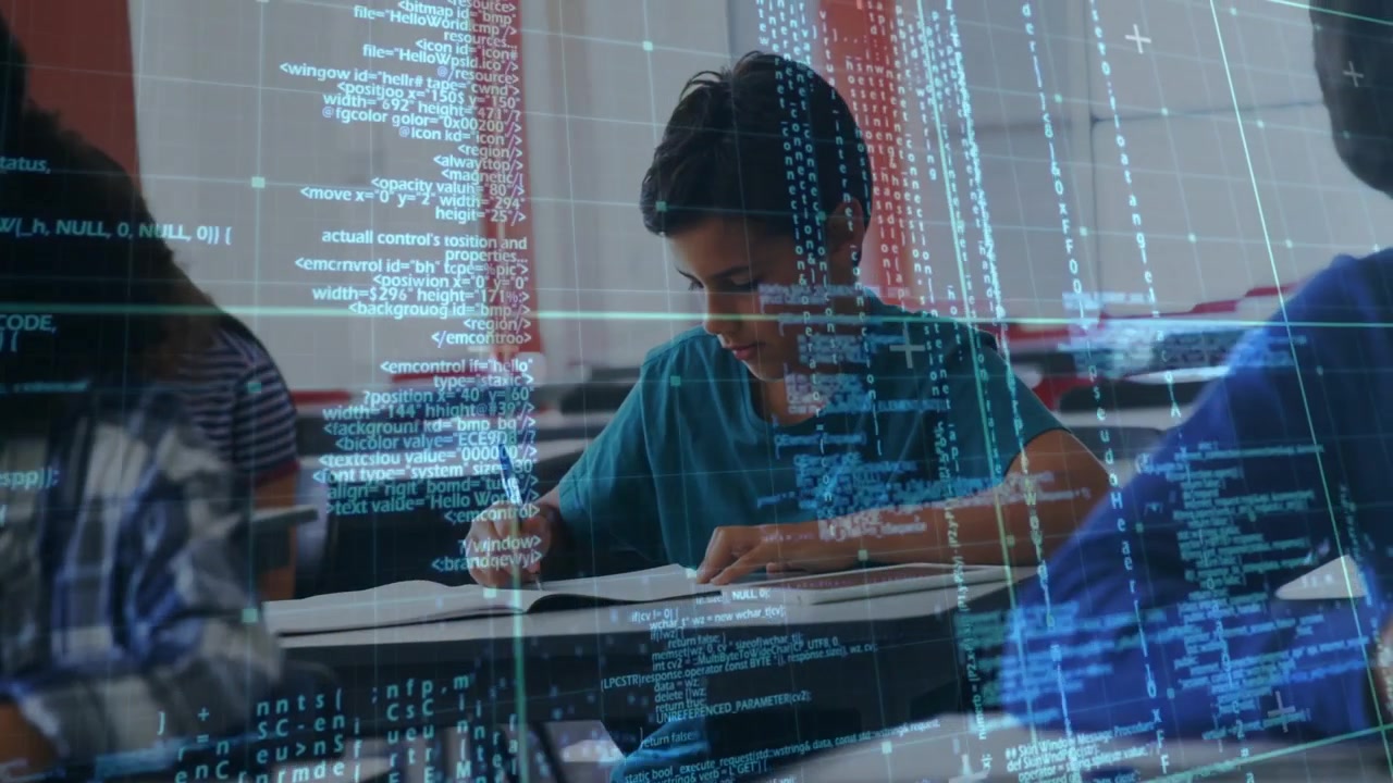 Center boy writing workbook for classwork, camera shifting toward boy, code overlay layering scene
