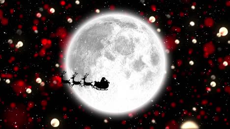 Snow-falling-over-santa-claus-in-sleigh-being-pulled-by-reindeers-against-moon-and-spots-of-light