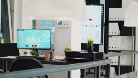 office with stock exchange listings and business charts displayed in background