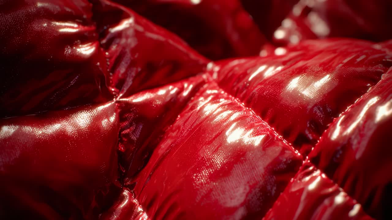Close-Up Macro View of a Glossy Red Puffer Jacket Fabric Showing Detailed Quilted Design and Shiny Texture, Perfect for Highlighting the Unique Characteristics of Modern Outerwear Materials and Fashion Trends