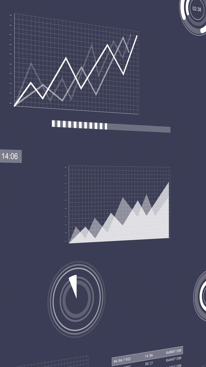 Animazione di interfaccia con elaborazione dati statistici su sfondo blu