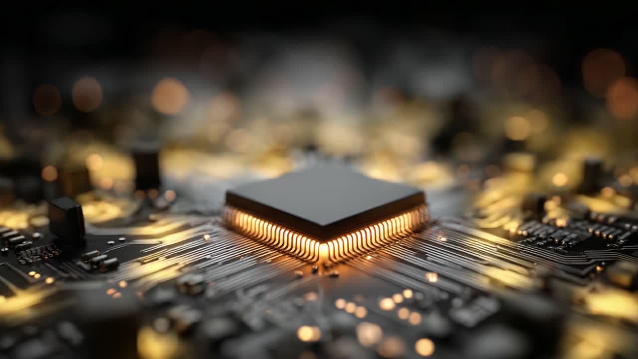 Exploring the Intricate Design of a Microprocessor on a Circuit Board, Illuminated with a Warm Glow, Highlighting Technology and Engineering Mastery